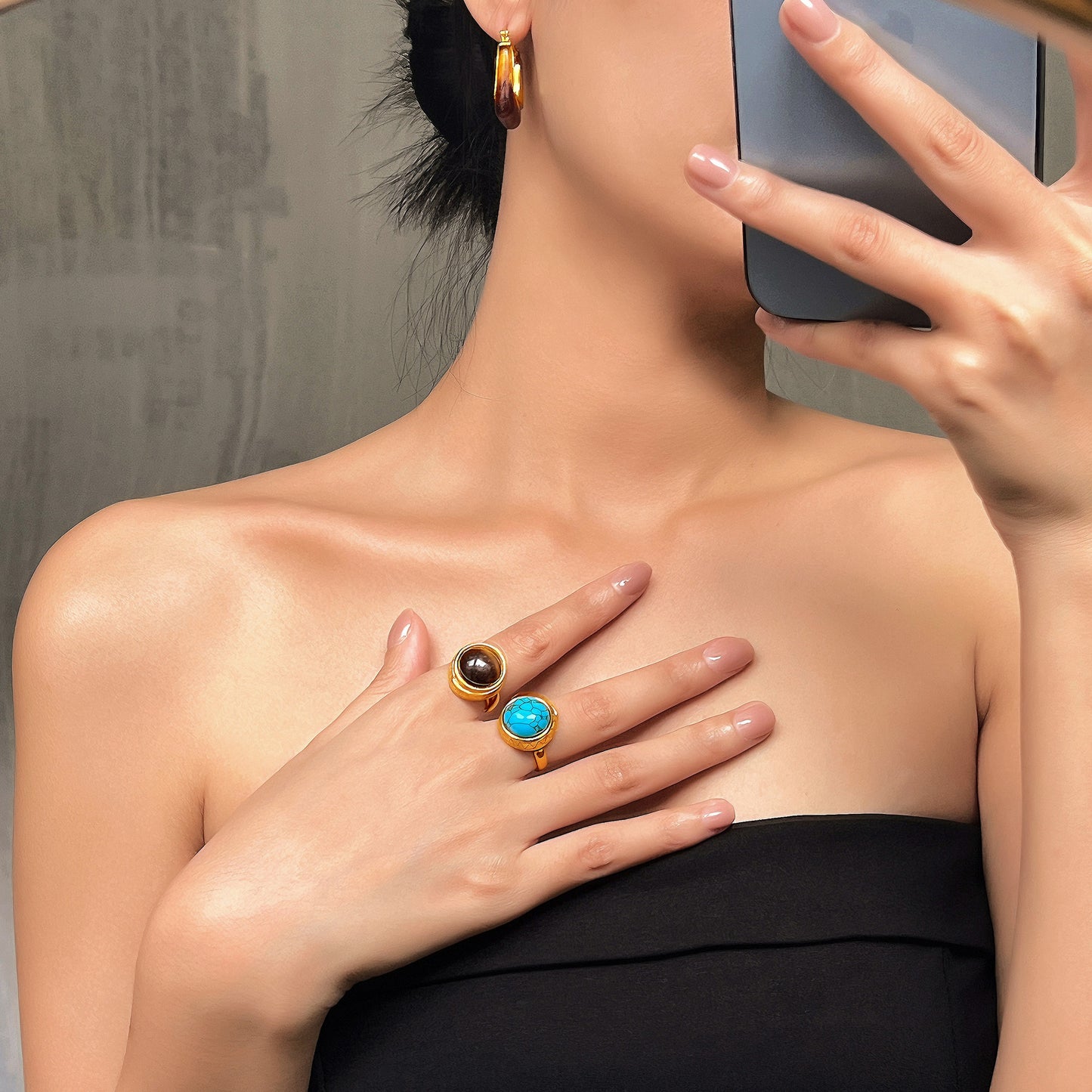Tiger's Eye Titanium Steel Open Ring with Retro Lace Design