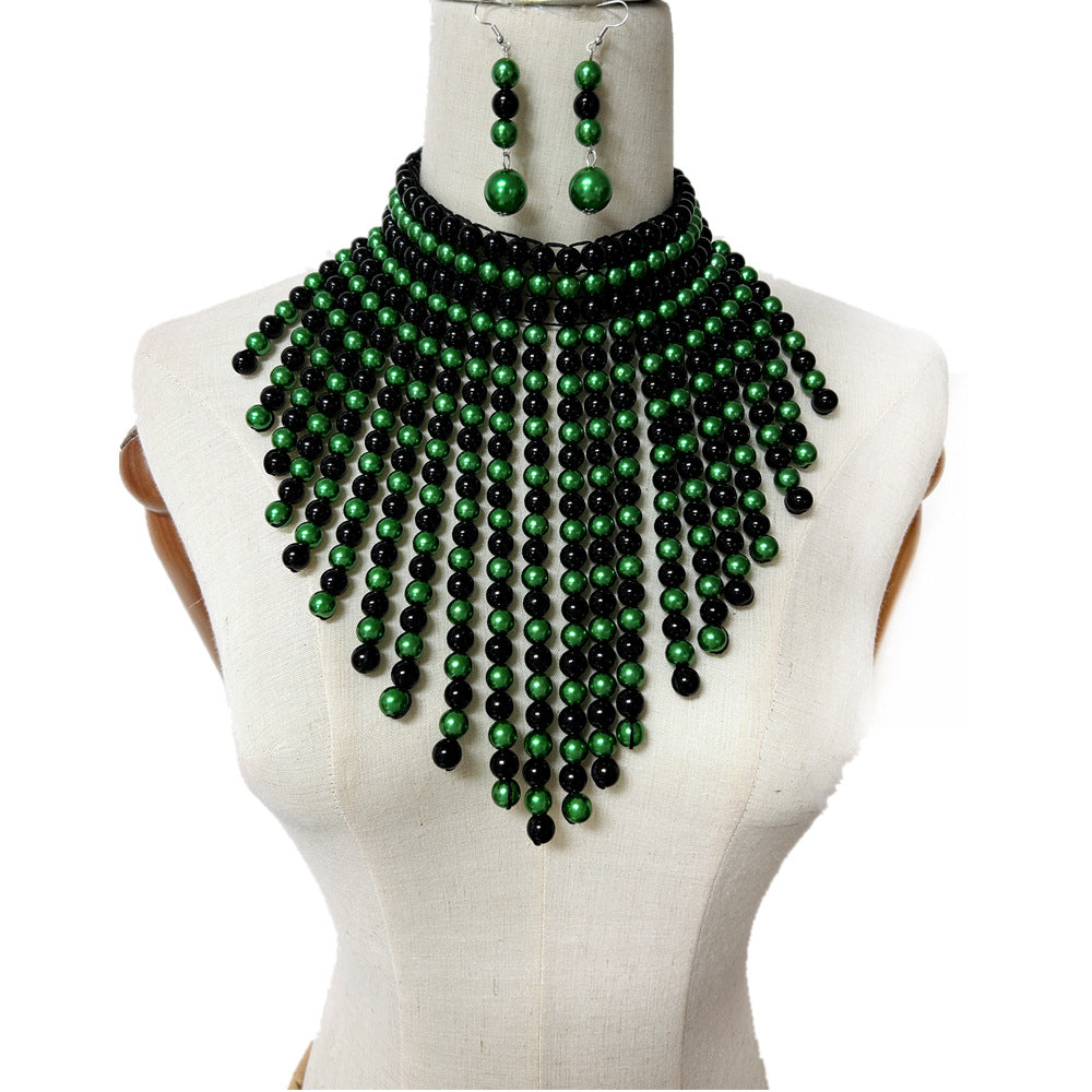 Exaggerated Triangular Scarf Necklace with Multi-layer Tassels and Imitation Pearl Accents