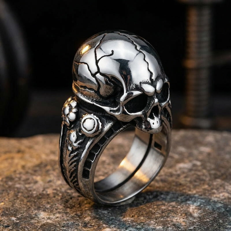 Gothic Ghost Head Ring, Punk Style Retro Dark Crack Skull Stainless Steel Men's