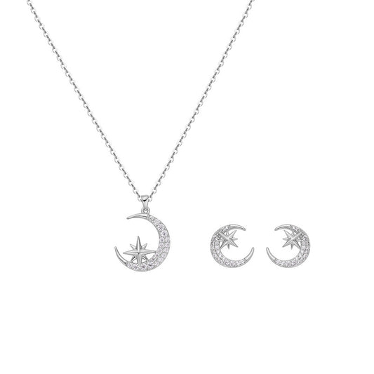 Zircon Crescent Moon Star Silver Necklace Earrings Set