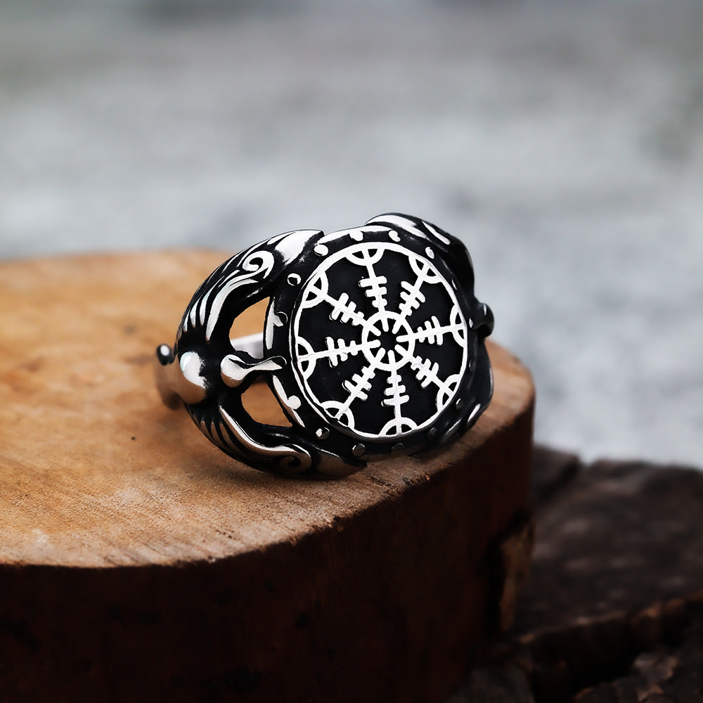 European And American Jewelry Wholesale Men's Titanium Steel Ring Retro Viking Crow Compass Ring