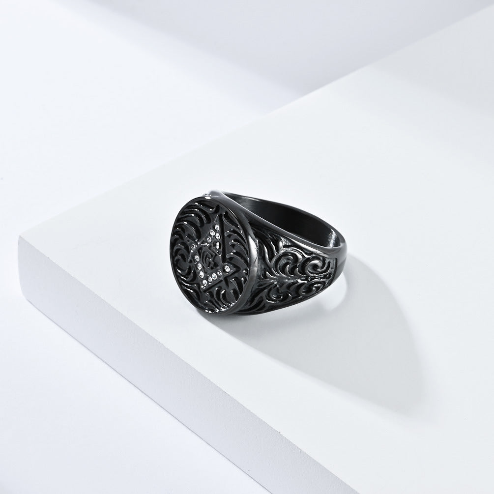 Planderful Masonic Zircon Titanium Steel Ring For Men Retro Fraternity Hand Jewelry Domineering Style