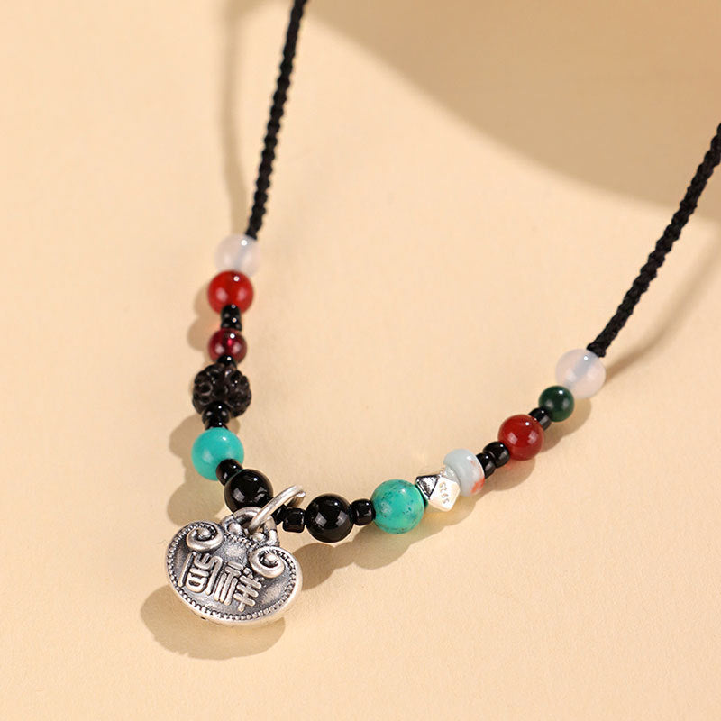 999 Silver Agate Ruyi Lock Braided Necklace