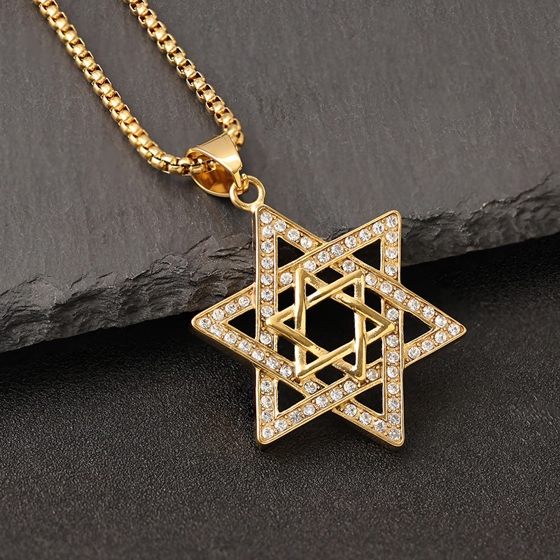 Planderful Everyday Genie Hip Hop Pendant Titanium Steel Gold Plated Zircon Star Of David Hexagram Necklace For Men