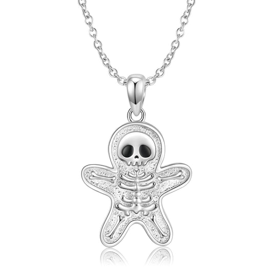 Halloween Skeleton Gingerbread Man Pendant Silver Necklace
