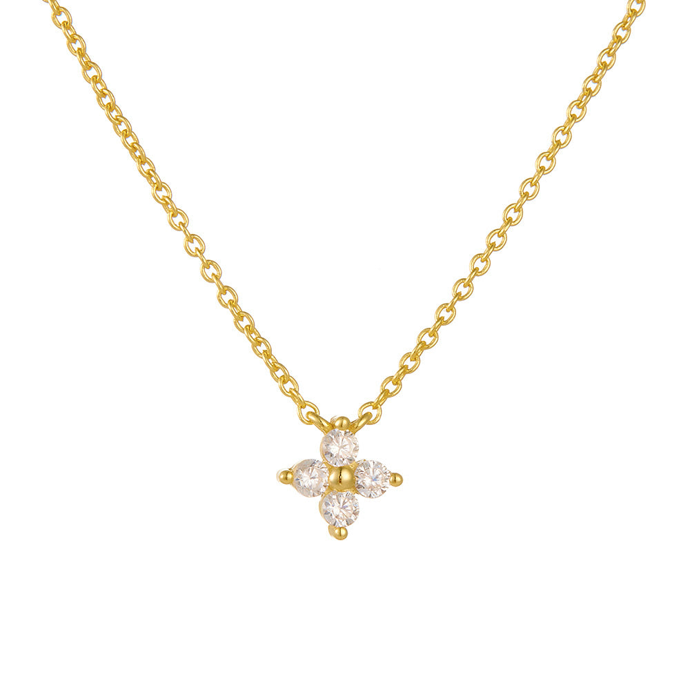 925 Sterling Silver Plated 14k Gold Inlaid Zircon Four-Leaf Clover Flower Pendant Necklace Daily