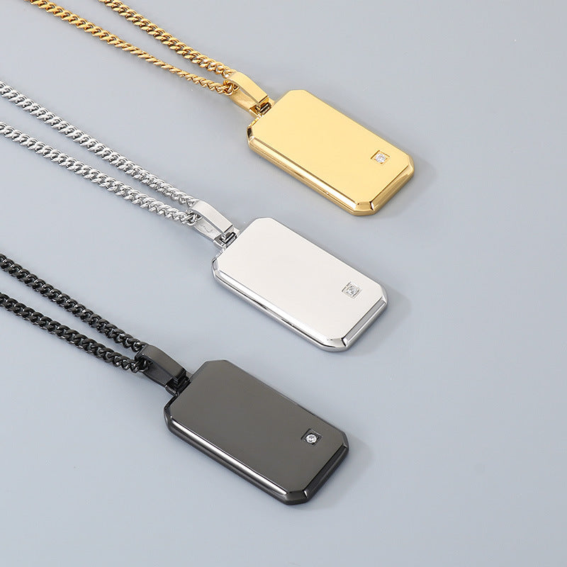 Minimalist Geometric Square Men's Zircon Necklace, Niche Stainless Steel Military Pendant