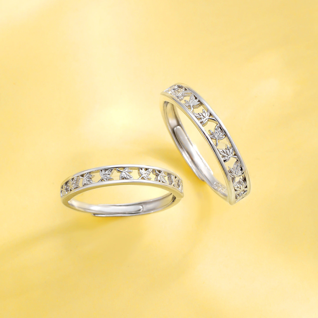 Planderful Everyday Genie S925 Sterling Silver Maple Leaf Couple Ring Women's National Style Simple Personality Niche Design Valentine's Day Gifts for Men and Women