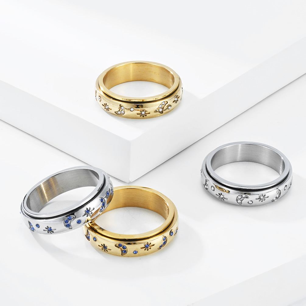 Star & Moon Zircon Spinner Stainless Steel Ring Unisex
