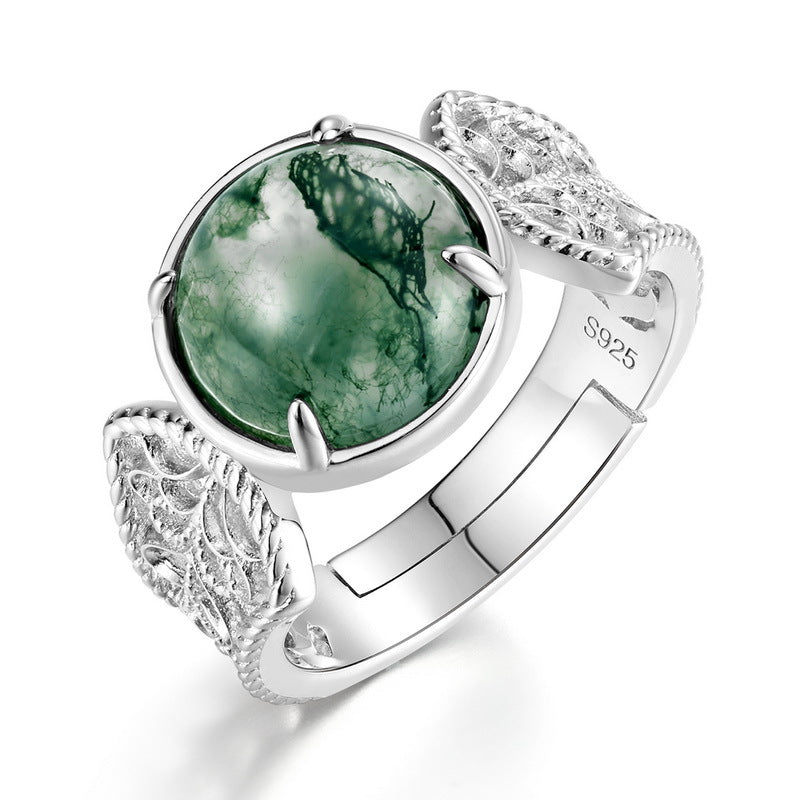 Planderful Jewelry Natural Aquatic Agate Ring In Sterling Silver Open Band Green Moss Stone