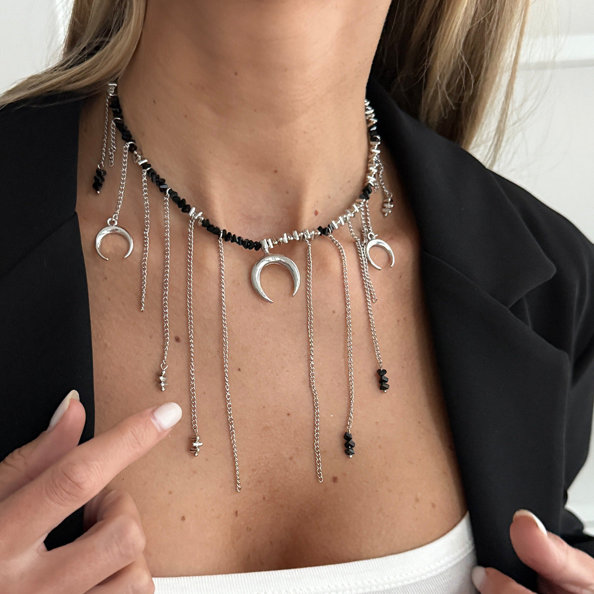 Crescent Bead Fringe Collarbone Necklace
