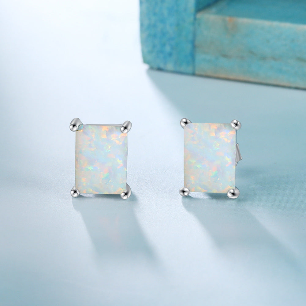Planderful Jewelry Opal Stud Earrings With Four Prong Rectangle Setting In Sterling Silver
