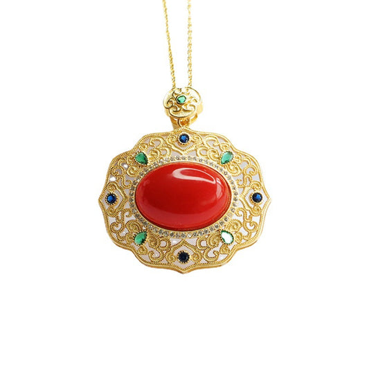 Egg-Shaped Sterling Silver Necklace with South Red Agate Pendant and Zircon Hollow Detail