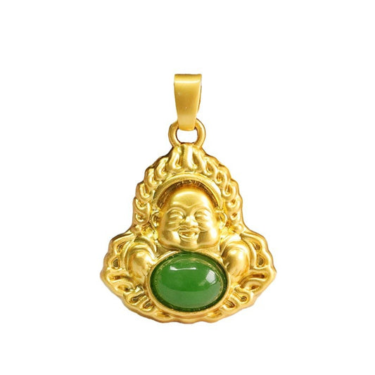 Hetian Jade Maitreya Buddha Oval Pendant with Jasper Accents