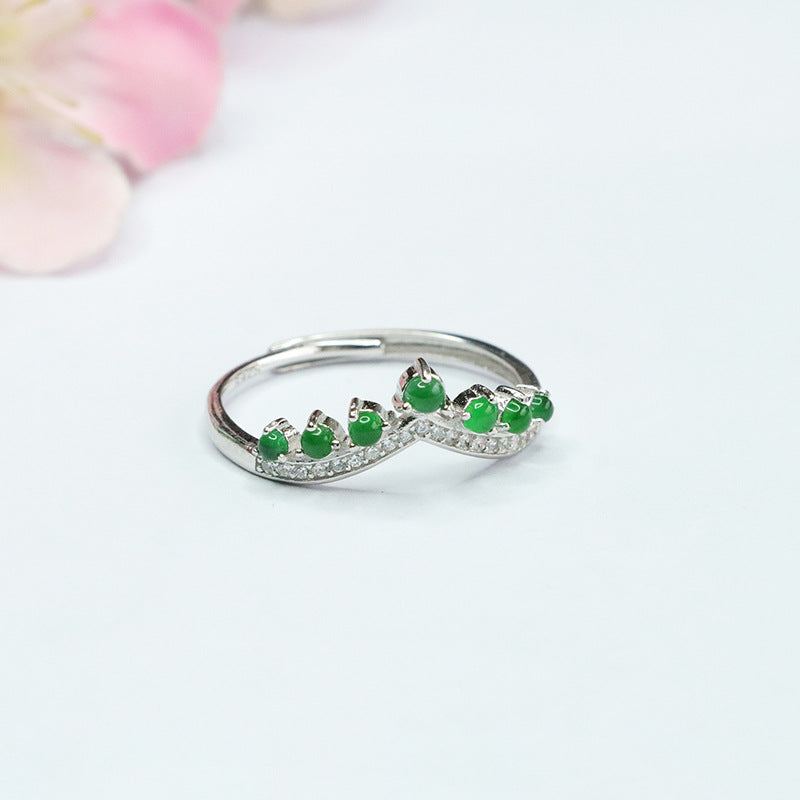 Sterling Silver Adjustable Ice Emperor Green Jade Crown Ring