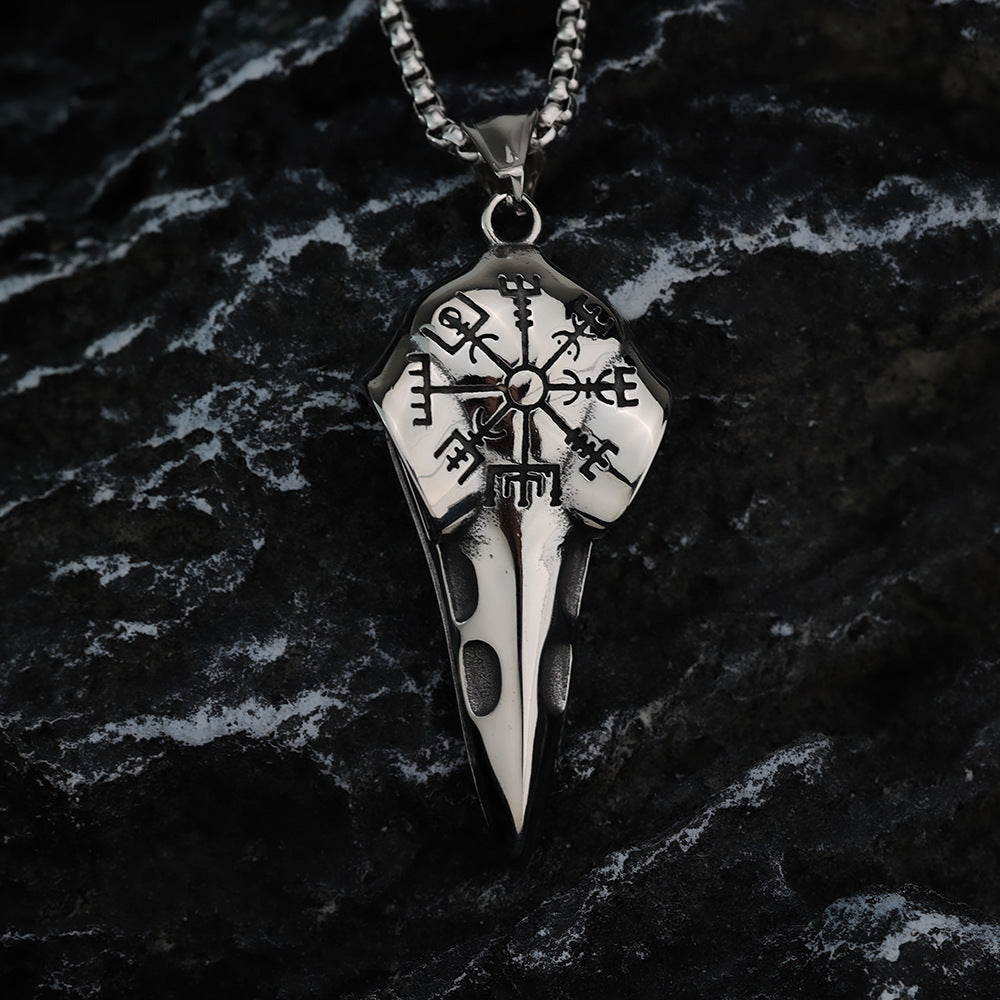 Vintage Stainless Steel Men's Pendant Viking Crow Compass Necklace