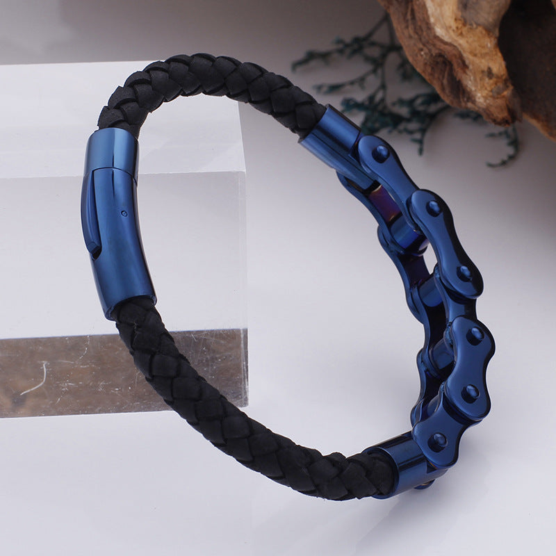 Cool Men's Stainless Steel Bicycle Chain Leather Bracelet – Locomotive Chain Cowhide