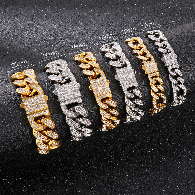 Men's Hip-hop Rhinestone Cuban Chain Jewelry Set - Stainless Steel Necklace & Bracelet for Cross-border Fashion