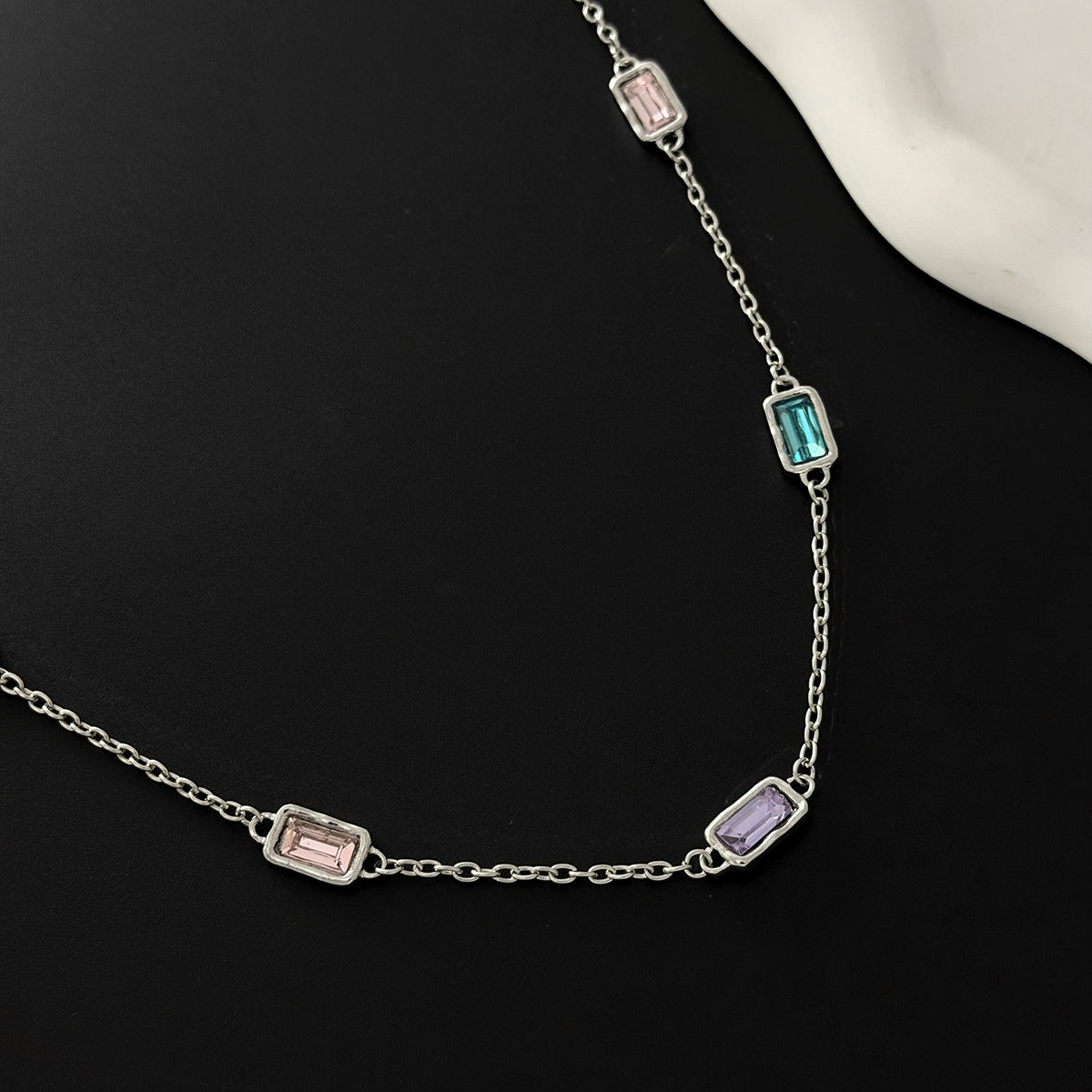 Creative Color Splicing Square Zircon Back Chain Long Dopamine U-Shaped Necklace