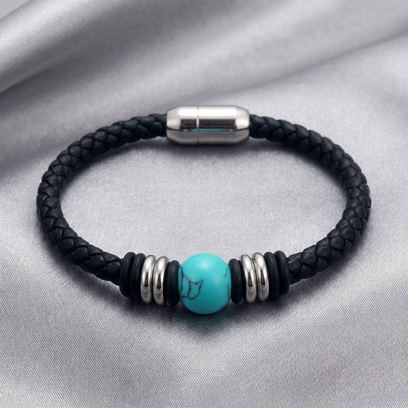 Woven Leather Rope Bracelet Tiger's Eye Stone Lapis Lazuli Magnetic Buckle Stainless