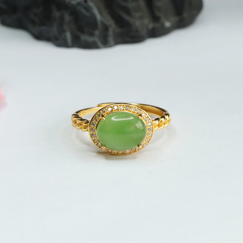 Jade Jasper Zircon Halo Ring - Adjustable Oval Silver Ring