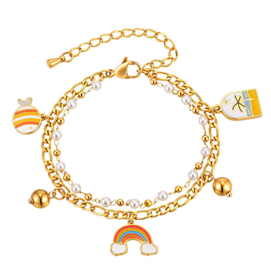 Ocean-Inspired Stainless Steel Three To One Nk Chain Imitation Pearl Cute Summer Double Bracelet