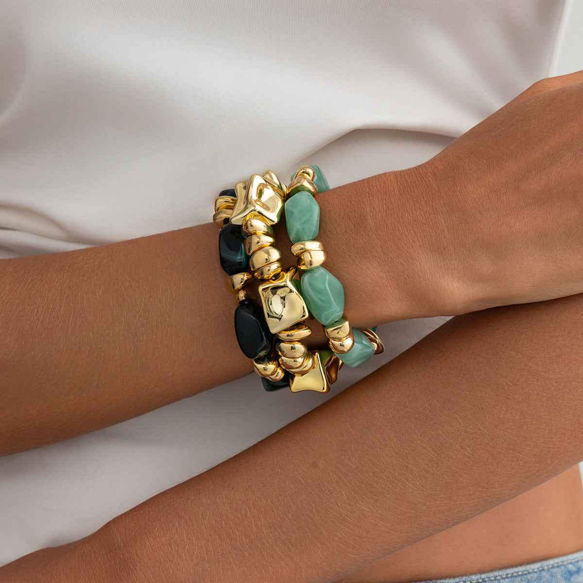 Amber Beaded Stacked Bracelet Knock Pattern Smudge Elastic Bracelet