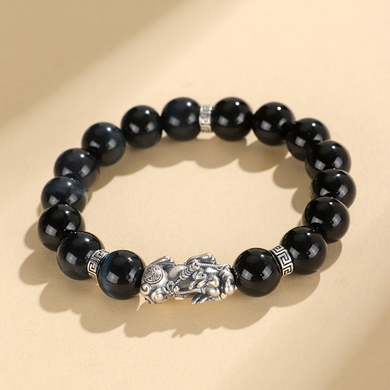 999 Silver Black Agate Pixiu & Tiger Eye Bracelet