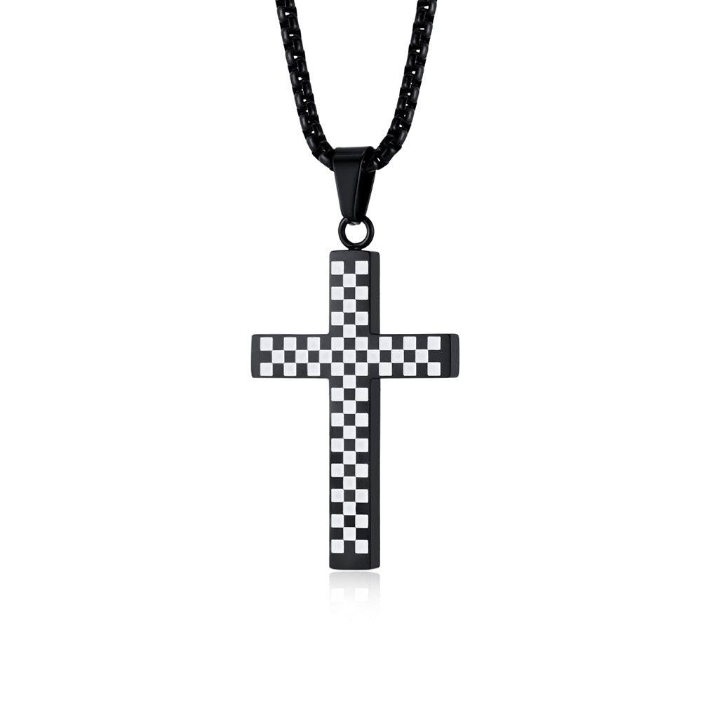 Planderful Titanium Steel Cross Necklace For Men And Women With Black And White Grid Racing Flag Pendant