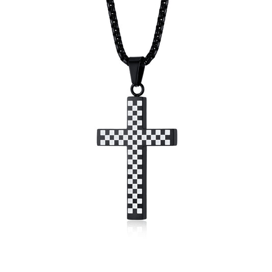 Planderful Titanium Steel Cross Necklace For Men And Women With Black And White Grid Racing Flag Pendant