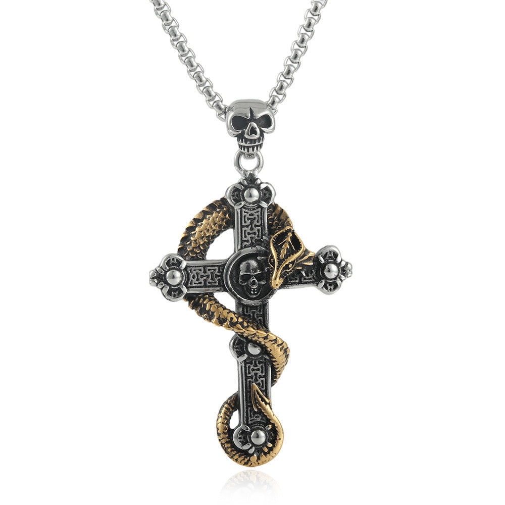 European And American Stainless Steel Skull Pendant Men's Trendy Retro Titanium Steel Cross Necklace