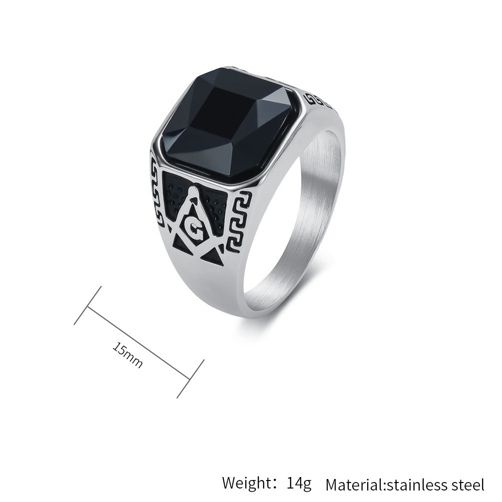 Planderful Freemason Black Stone Ring For Men Unisex Retro Fraternity Symbol Everyday Genie
