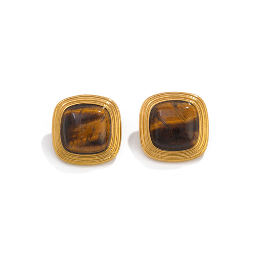 Planderful Stainless Steel Stud Earrings Tiger Stone Inlaid Geometric Pearl Square Statement For Trendsetting Women
