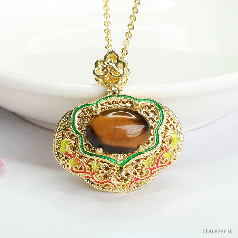 Yellow Tiger Eye Enamel Ruyi Pendant — No Chain
