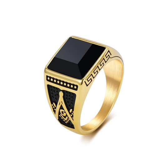 Stainless Steel Imitation Black Gemstone Masonic Ring Men's