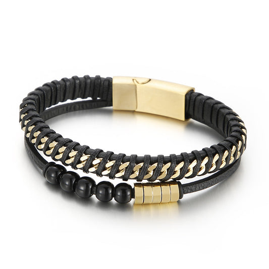 Planderful Men Punk Bracelet Magnetic Buckle Leather Rope