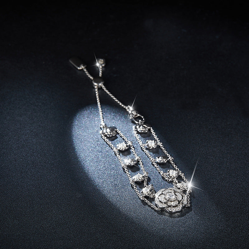 Hollow Camellia Bracelet S925 Silver 4mm Moissanite Elegance