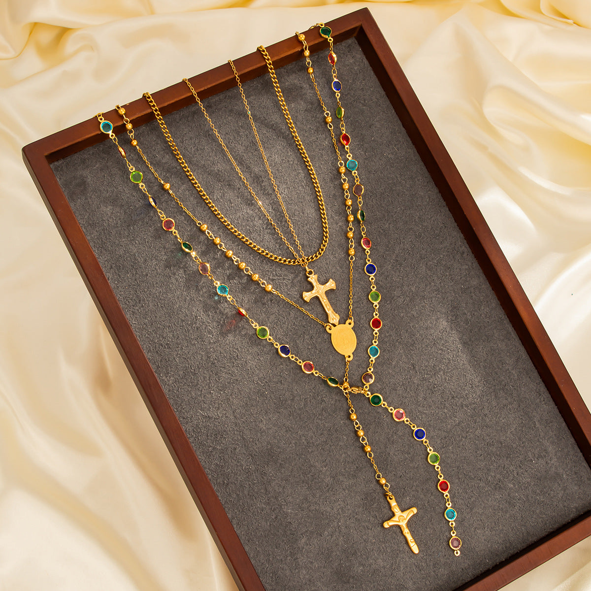 Vintage Cross & Crystal-Style Layered Necklace