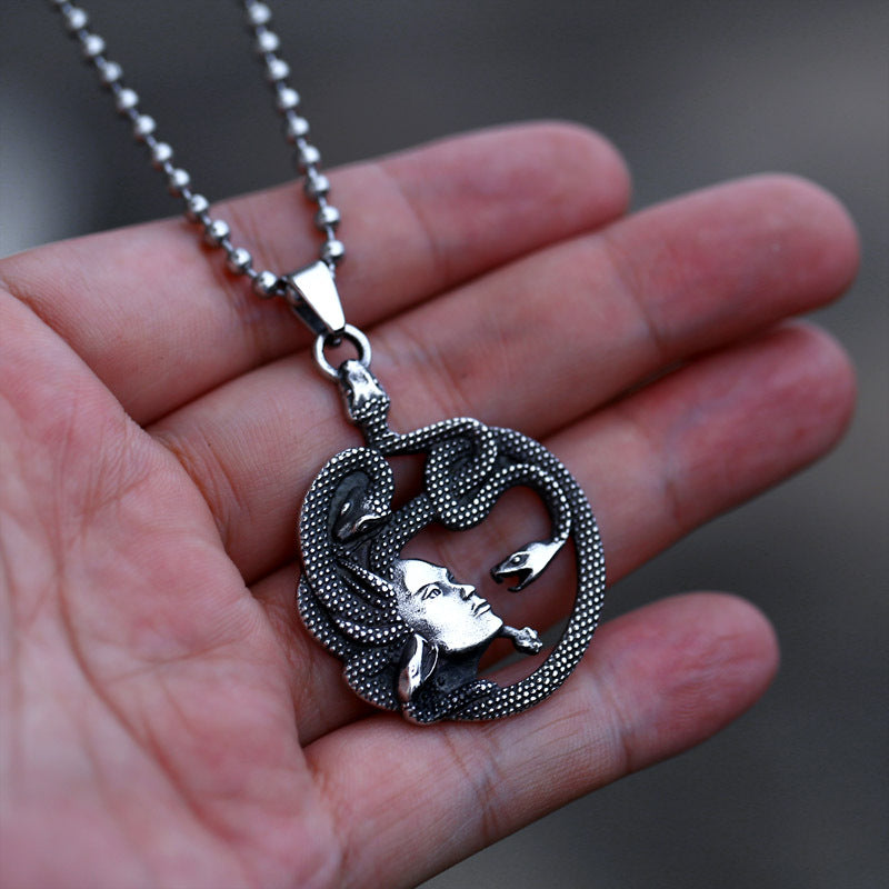 Nordic Stainless Steel Snake Pendant – Titanium Steel Coiled Snake Medusa Pendant Necklace
