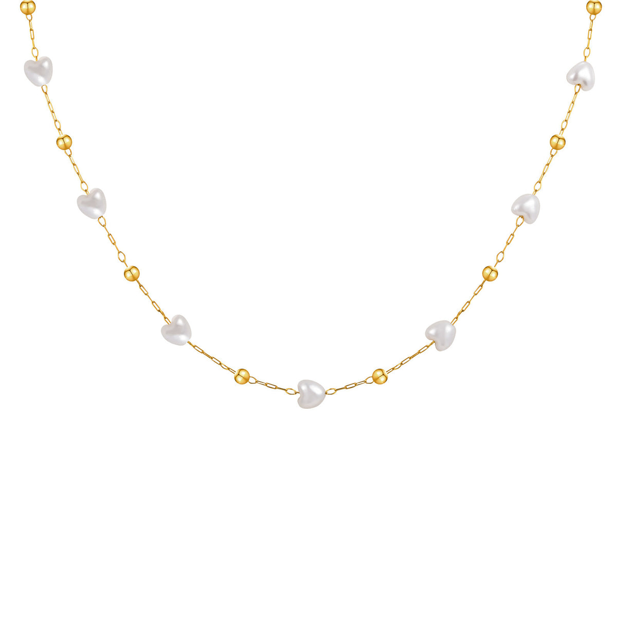 Stainless Steel Round Bead Heart Imitation Pearl Necklace Bracelet Gold Ladies Elegant