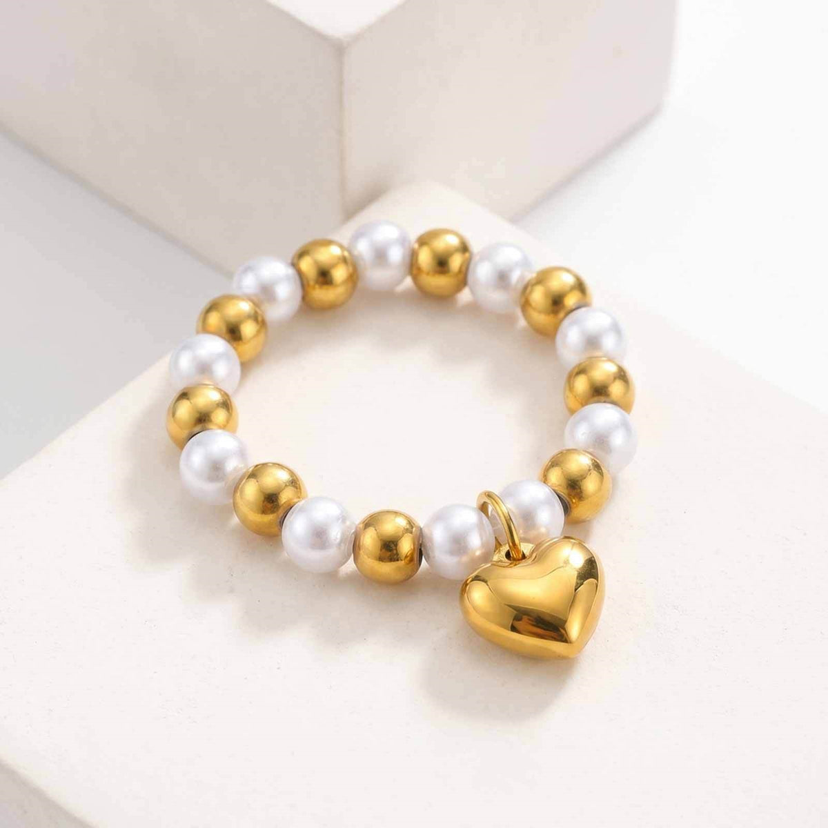 Stainless Steel Daily High-Gloss Heart-Shaped Imitation Pearl Steel Ball Ring Women's