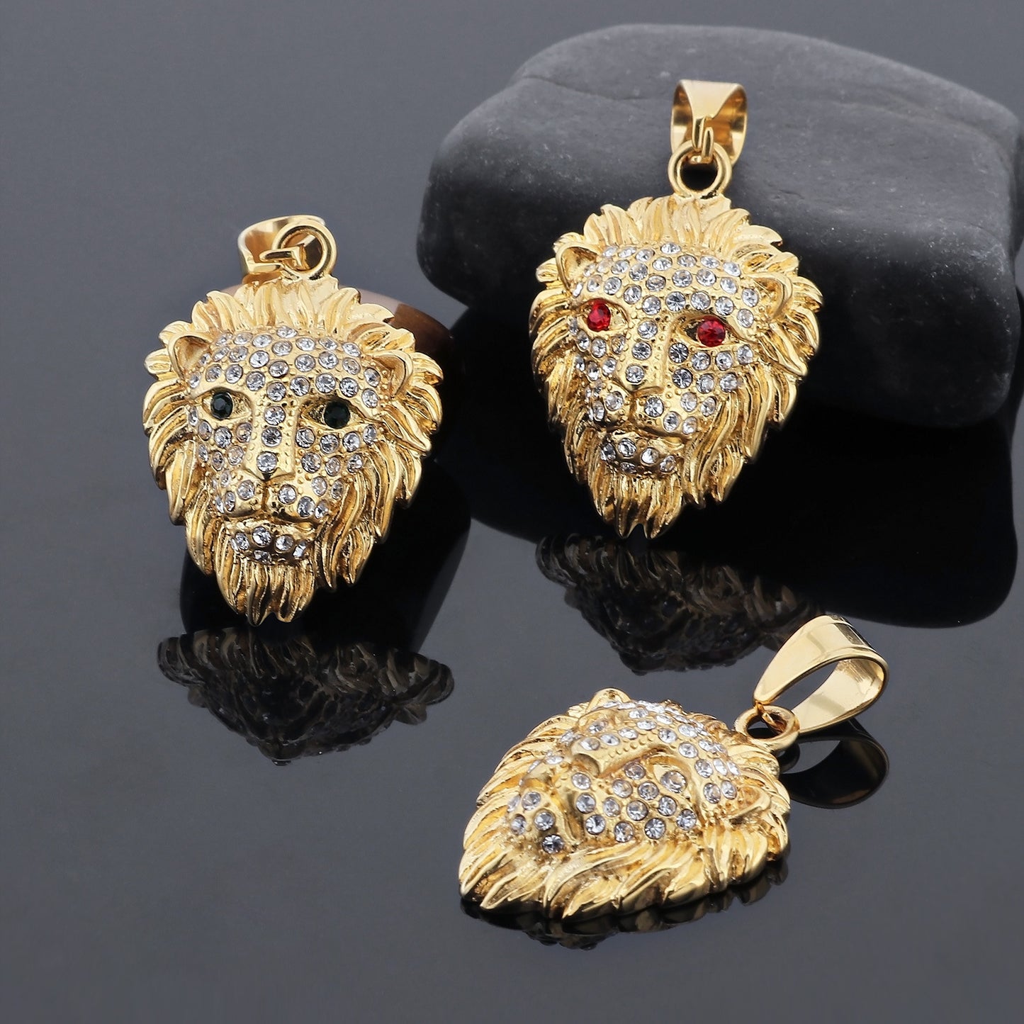 Titanium Steel Lion Head Pendant with Gold Electroplating and Zircon Accents for Men
