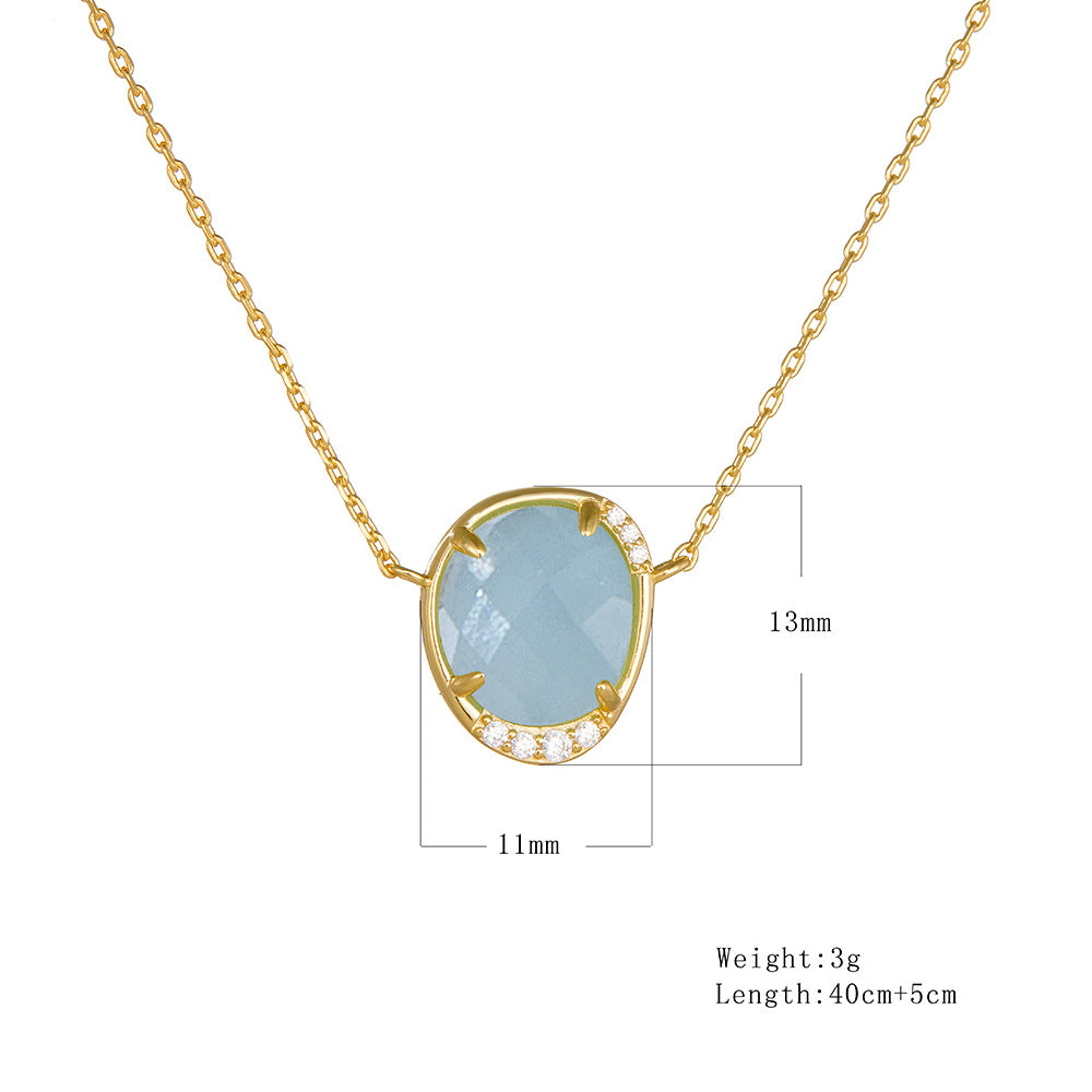 Oval Egg-Shaped Natural Sea Treasure Sapphire Pendant Sterling Silver Necklace High-End Clavicle Chain
