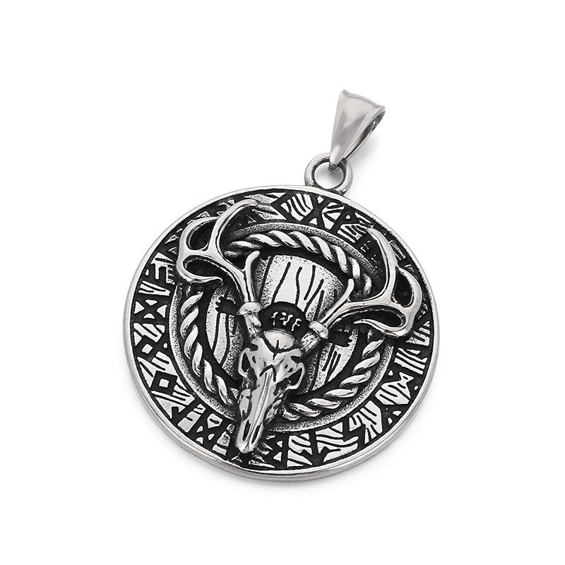 Viking Mythology World Tree Double Wolf Disc Pendant, Nordic Luhn Rune Crow Deer Necklace
