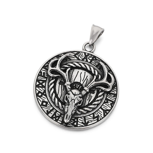 Viking Mythology World Tree Double Wolf Disc Pendant, Nordic Luhn Rune Crow Deer Necklace