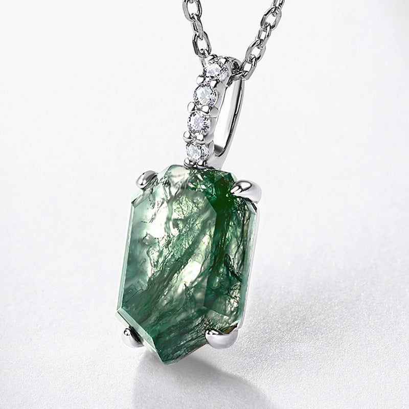 S925 Sterling Silver Moss Agate Geometric Pendant Necklace