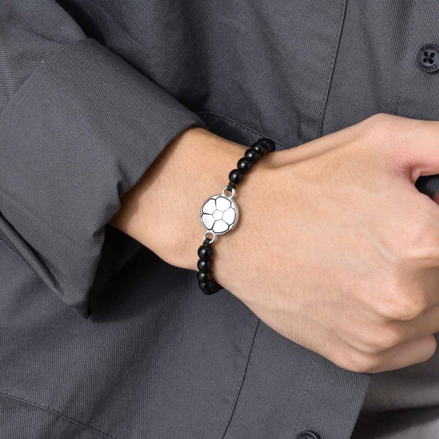 Stainless Steel Basketball Agate Beaded Woven Men's Bracelet