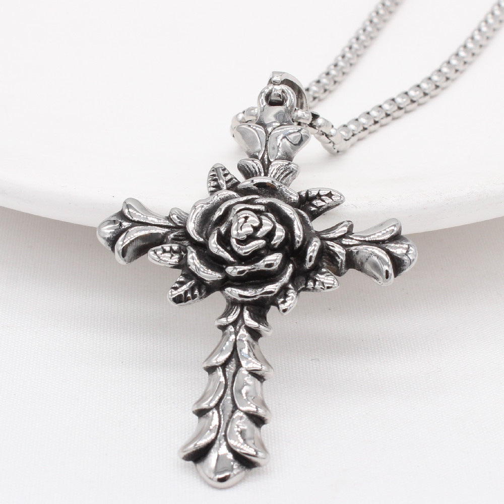 Titanium Steel Rose Cross Pendant Necklace Unisex For Men And Women Protection Statement Planderful Everyday Genie