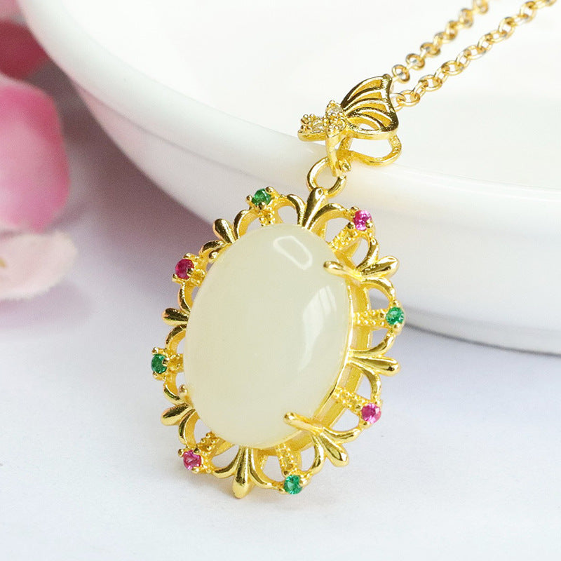 Jade Butterfly Necklace with Hetian Jade Pendant and Pigeon Eggs