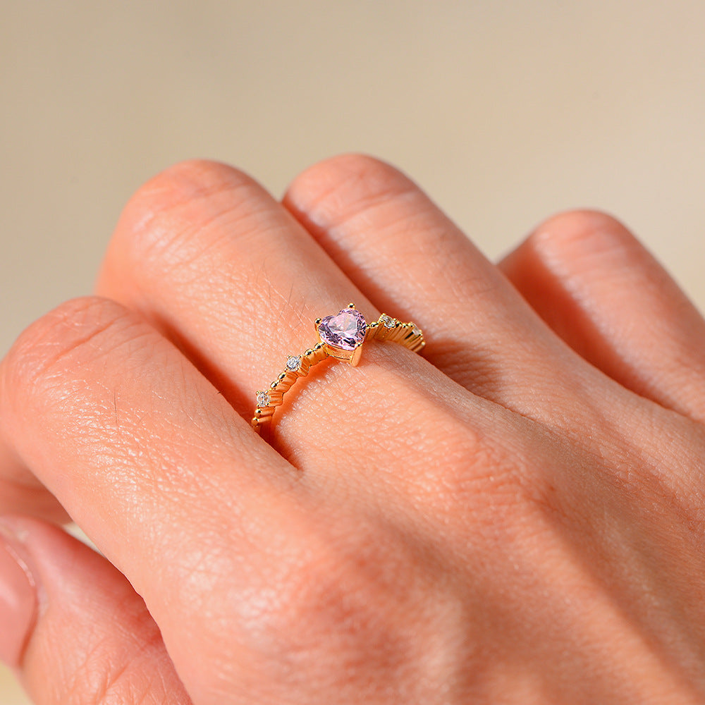 S925 Sterling Silver Pink Heart-Shaped Zircon Open Ring Small Fresh Super Fairy Love